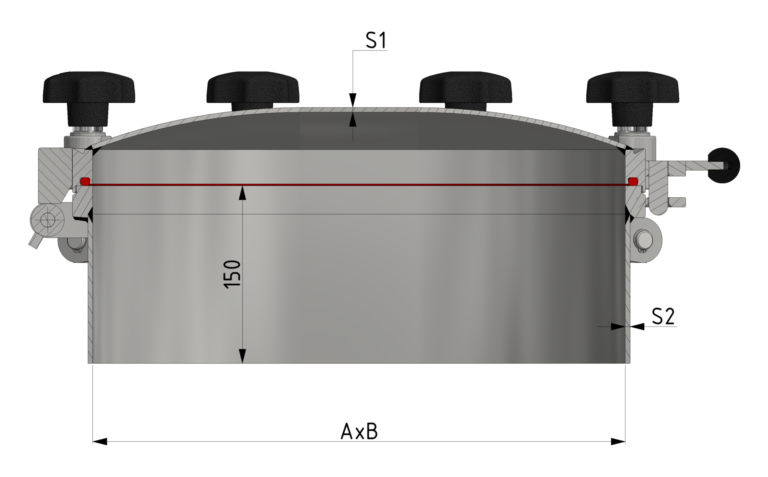 Schnittzeichnung Ovaler Druckverschluss mit gewölbtem Deckel bis 10/-1 bar